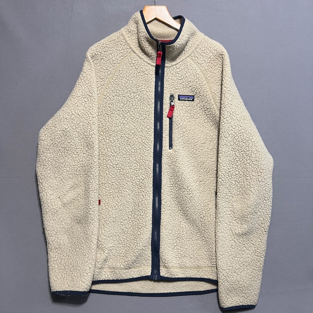 Patagonia Mens Retro Pile Fleece Jacket Oatmeal Tan Navy XL 22801 Full Zip